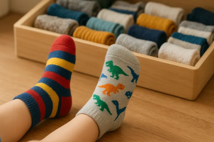 Les pieds des enfants dans des chaussettes enfants - l'une rayée, l'autre avec un motif de dinosaure - sont présentés devant un tiroir en bois rempli de chaussettes soigneusement roulées, alliant sécurité et confort à chaque pas.
